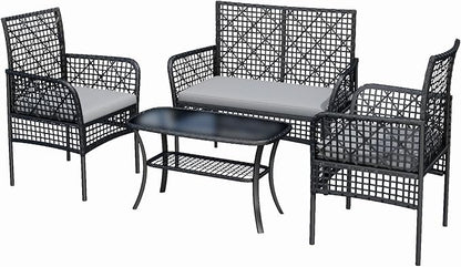 4-Piece Patio Furniture Set, Weather-Resistant Rattan Patio Conversation Set with Two-Tier Coffee Table, Upholstered Openwork Wicker Furniture for Porch, Garden, Lawn, Gray