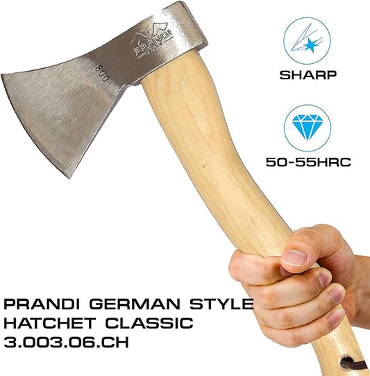 Prandi Axes German Style C45 Forged Carbon Steel Hatchet - Hickory Handle with Leather String - Lightweight Axe for Camping, Chopping, and Cutting - S/N 3.003.06.CH - 14.17" L x 5.90" W, No Sheath