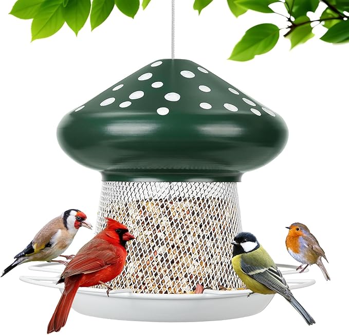Bird Feeder, Heavy Duty Metal Bird Feeders for Outdoor Hanging, Cute Mushroom Shape Wild Birdfeeder for Outside Garden Yard (Green)