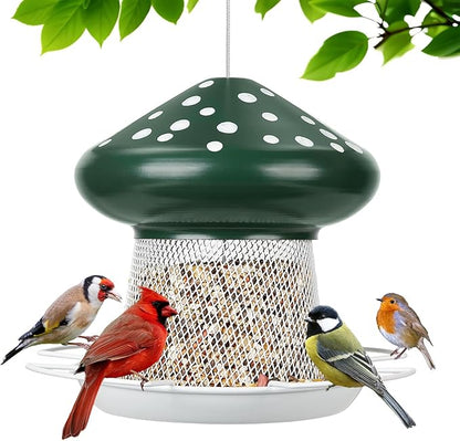Bird Feeder, Heavy Duty Metal Bird Feeders for Outdoor Hanging, Cute Mushroom Shape Wild Birdfeeder for Outside Garden Yard (Green)