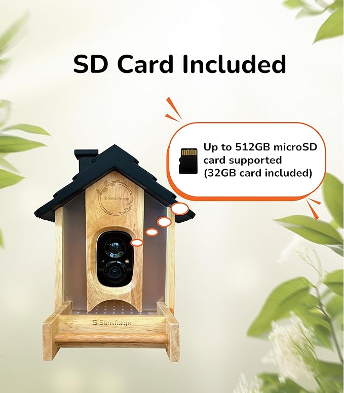 Sensforge Smart AI Bird Feeder Camera, 2.5K HD Live View, Solar-Powered Wooden Outdoor Feeder with AI Recognition, Weatherproof, App Notifications - Ideal for Bird Lovers, Parents & Kids