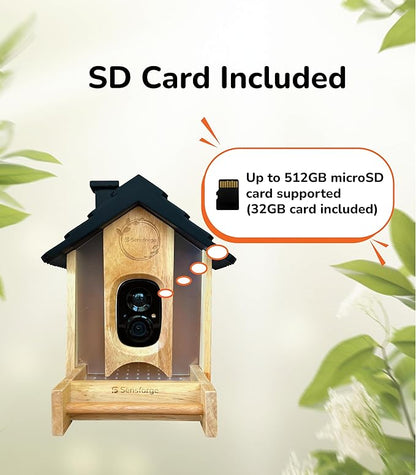 Sensforge Smart AI Bird Feeder Camera, 2.5K HD Live View, Solar-Powered Wooden Outdoor Feeder with AI Recognition, Weatherproof, App Notifications - Ideal for Bird Lovers, Parents & Kids