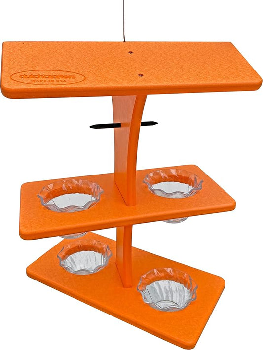 DutchCrafters Plastic Poly Double Platform Hanging Oriole Bird Feeder with Fruit Slice Holders & Nectar Cups, Jelly Bird Feeders for Outside - Amish Made in USA (Double, Bright Orange)