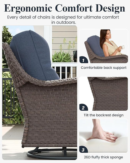 LayinSun 6 Piece Wicker Outdoor Furniture Set with 6-inch Comfy Cushions, High Back Patio Furniture Set with Swivel Rocking Chairs and Side Table