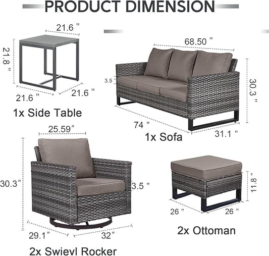 6 Piece Wicker Patio Furniture Set - Outdoor Swivel Rocker Chairs Set with Coffee Table, 3 Seat Sofa & Ottomans, Small Patio Conversation Sets Proch Furniture for Balcony Deck - Grey/Grey