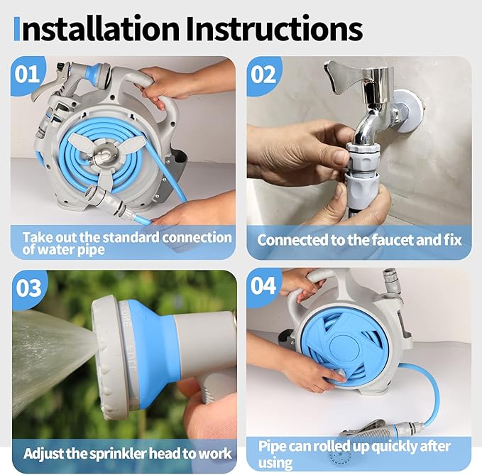 Kitness Mini Retractable Garden Hose Reel, Portable Simple Home 45+5 FT Hose Reel with 7 Adjustable Patterns Spray Nozzle&Standard Connector, Watering Hose Reel for Gardens Yards and lawns (Bule)