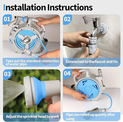 Kitness Mini Retractable Garden Hose Reel, Portable Simple Home 45+5 FT Hose Reel with 7 Adjustable Patterns Spray Nozzle&Standard Connector, Watering Hose Reel for Gardens Yards and lawns (Bule)