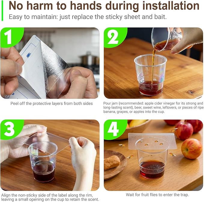 Fruit Fly Trap Covers, Double-Sided Sticky Adhesive Cards for Gnats, Fruit Flies, Moths, Kitchen Insect Control (49 Pcs)