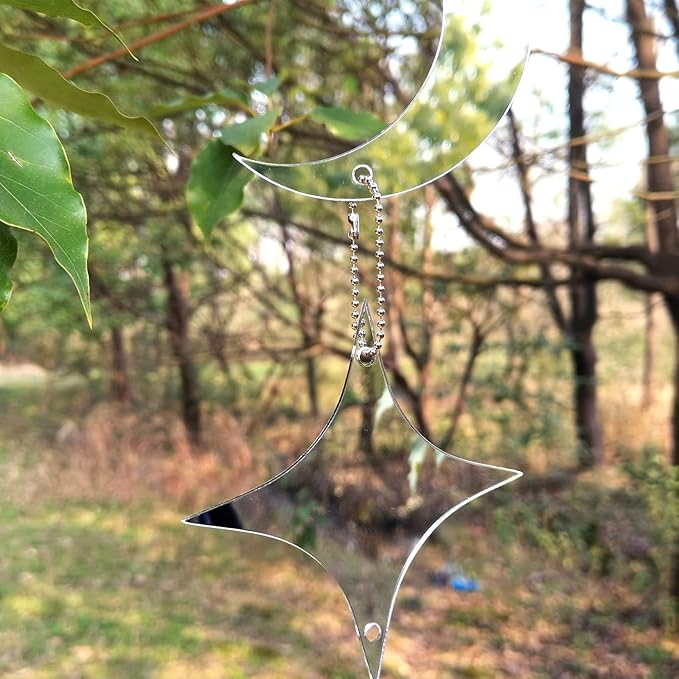 Keep Birds Away Mirror Disc, Hanging Reflectors to Scare Birds Away from Your House and Garden, 16 Moon-Star Discs