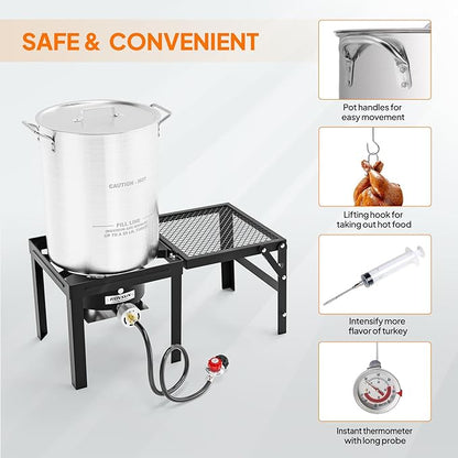 ROVSUN 30QT Turkey Fryer & 10QT Fish Fryer Kit with 54000BTU Propane Stove & Foldable Side Table, Aluminum Deep Fryer Pot for Outdoor Cooking Seafood Boiling w/Lifting Hook, Turkey Rack & Thermometer