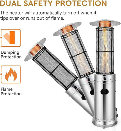COSTWAY Outdoor Propane Patio Heater, 40,000 BTU Propane Heater with Dancing Flame, Portable Wheels, Stainless Steel Pyramid Floor-Standing Outdoor Heater for Balcony Backyard Garden, Silver