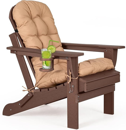 nalone Folding Adirondack Chair with Cushion with Cup Holder, HDPE Plastic Oversized Patio Chair Weather Resistant, Used in Outdoor, Fire Pit, Deck, Garden, Campfire Chairs