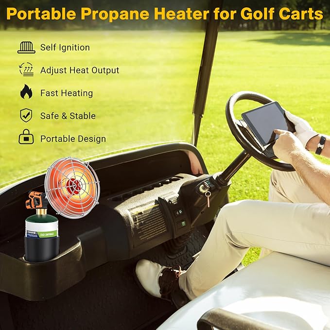 Golf Cart Heater,9,200BTU Portable Propane Heater with Self Ignitor,with Golf Cart Cup Holder for EZGO Yamaha Club Car,Most Golf Cart(Fuel Cylinder not included)