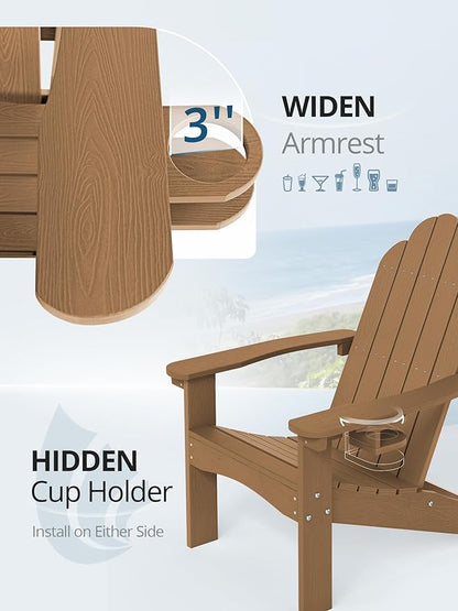 LUE BONA HDPE Adirondack Chairs Set of 4,Plastic Adirondack Chairs with Cup Holder Weather Resistant for Outdoor, Patio, Lawn, Garden, Backyard Deck, Fire Pit, Brown