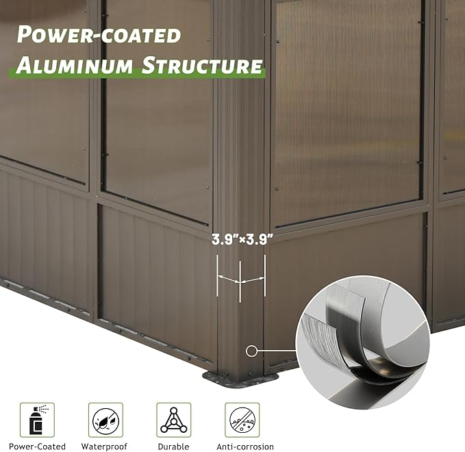 12'x20' Lean to Sunroom, All Weather Wall Mounted Sun Room, Hardtop Aluminum Solarium Gazebo with Galvanized Steel Roof, 3 Sliding Doors, PVC Screen, Outdoor Enclosed Sun Room for Patio, Deck