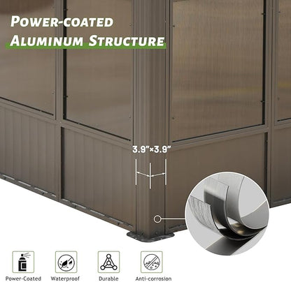 12'x20' Lean to Sunroom, All Weather Wall Mounted Sun Room, Hardtop Aluminum Solarium Gazebo with Galvanized Steel Roof, 3 Sliding Doors, PVC Screen, Outdoor Enclosed Sun Room for Patio, Deck