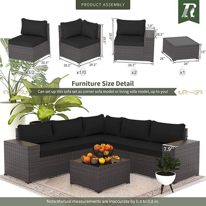 Outdoor Patio Furniture Set, 6 PCS Outdoor Furniture All Weather Patio Sectional Sofa PE Wicker Modular Conversation Sets with Coffee Table,5 Chairs & Seat Clips Black