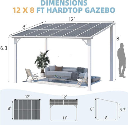 AECOJOY 12' x 8' Outdoor Gazebo Pergola for Patio, Large White Hardtop Lean to 8x12 Gazebo Shelter Pergolas and Gazebos Clearance with Patio Roof, Large Wall-Mounted Heavy Duty Awnings for Patio