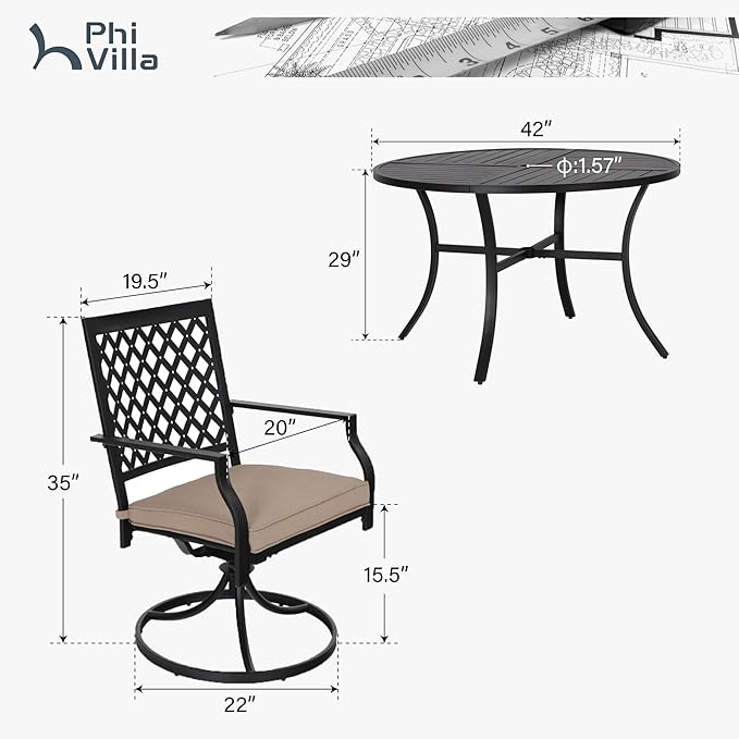PHI VILLA 5 Pieces Outdoor Dining Set for 4, Round Metal Steel Table with Umbrella Hole & Swivel Wrought Iron Chairs with Cushions, Large Modern Furniture for Patio, Deck, Backyard, Porch