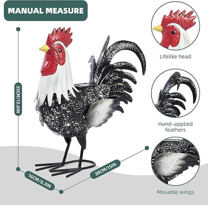 Metal Rooster Statue Yard Decor - 15" Solar Light Metal Yard Art Standing Chicken Statue Garden Decoration, Large Animal Sculpture Chicken Themed Gift for Outdoor Porch Patio Backyard Lawn Ornament