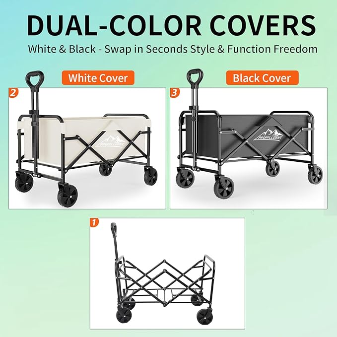Collapsible Wagon Cart with 5" Removable 360° Swivel Wheels & Adjustable Handle, 220lbs Load Capacity, Dual Detachable Oxford Covers (White+Black)， MDF Base, All-Terrain Portable Utility Cart