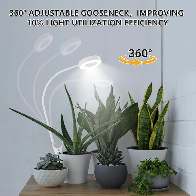 Grow Lights for Indoor Plants Full Spectrum, Clip-on LED Plant Lights for Indoor Growing with Auto On/Off Timing 3/9/12 Hrs, 10 Dimmable Levels, 3 Spectrum Modes & Adjustable Gooseneck, White, 1 Pack