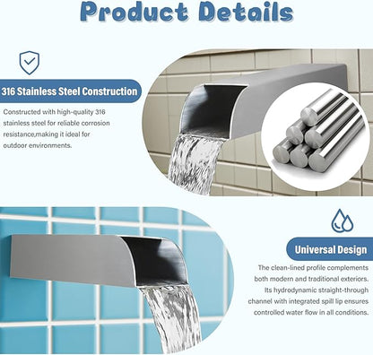 4x3 Inch Stainless Steel 316 Waterfall Spout for Pools Ponds Water Walls - Outdoor Fountain Spillway with Straight Flow Design & Built-in Lip (Brushed Stainless Steel)