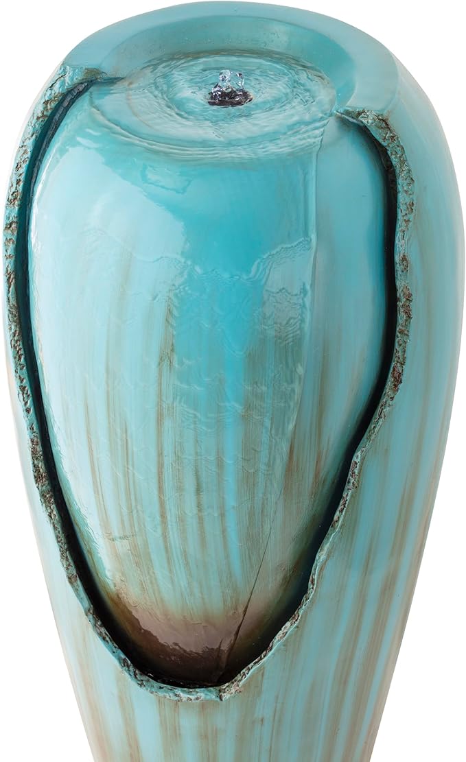 Alpine Corporation DIG100XS | 33"H Outdoor Antique Jar Water Fountain — Cascading LED Light Design for Patio, Deck & Yard — Turquoise Finish