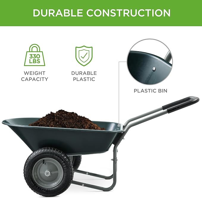 Best Choice Products Dual-Wheel Home Utility Yard Wheelbarrow Garden Cart w/Built-in Stand for Lawn, Gardening, Construction - Dark Gray