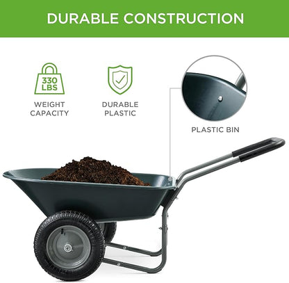 Best Choice Products Dual-Wheel Home Utility Yard Wheelbarrow Garden Cart w/Built-in Stand for Lawn, Gardening, Construction - Dark Gray