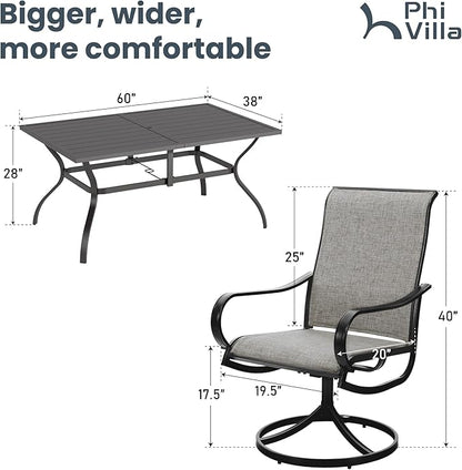 PHI VILLA 7 PCS Patio Dining Set, Rectangle Metal Table with 1.57" Umbrella Hole and 6 High Back Textilene Swivel Chairs, Suitable for All Weather