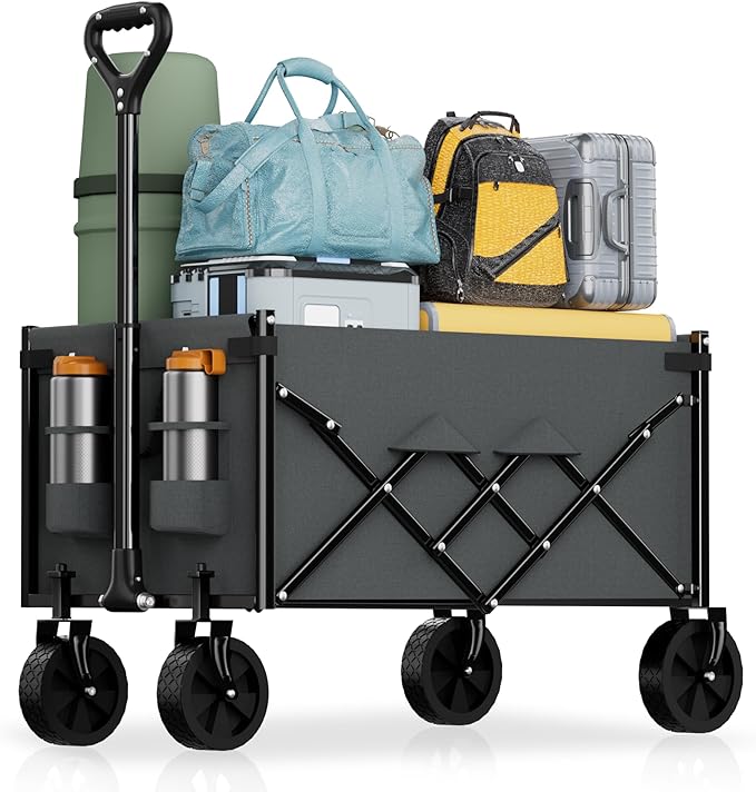 Lightweight Folding Wagon, Large Capacity Collapsible Grocery Cart on Big Wheels, Heavy Duty Foldable Shopping Carts, All-Terrain Outdoor Utility Carts, 3.5 Cu Ft, Grey
