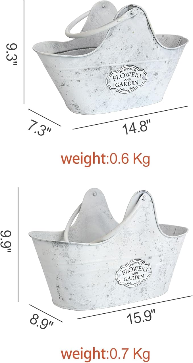 Set of 2 Vintage Metal Planter Pots, "Flowers and Garden" Distressed White Hanging/Tabletop Flower Pots with Handle, Rustic Farmhouse Planters for Indoor Outdoor Succulents, Herbs, Home Decor
