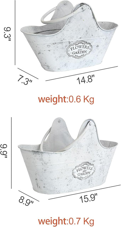 Set of 2 Vintage Metal Planter Pots, "Flowers and Garden" Distressed White Hanging/Tabletop Flower Pots with Handle, Rustic Farmhouse Planters for Indoor Outdoor Succulents, Herbs, Home Decor