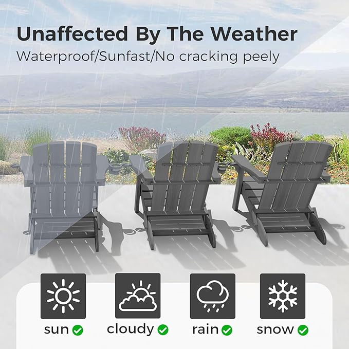 Folding Adirondack Chair Wood Texture 2 Pack, HDPE All-Weather Fire Pit Chairs, Plastic Adirondack Chairs with 2 Cup Holder, Outdoor Lawn Chair for Patio Garden (Grey)