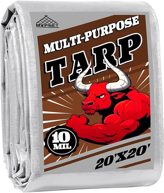 Tarp 20x20 ft Heavy Duty 10mil Silver/Brown 100% Waterproof High Durability Multipurpose Outdoor Tarpaulin,Uv Resistant,for Courtyards,Camping, Canopy, Trailer, Boats, Camping, Etc -by MVPNET