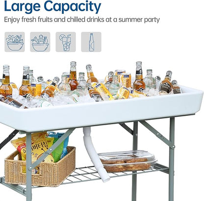 Outdoor Ice Cooler Folding Table, Portable Cooler Table with Removable Matching Skirt, Chill Table for Party BBQ Camping Wedding White
