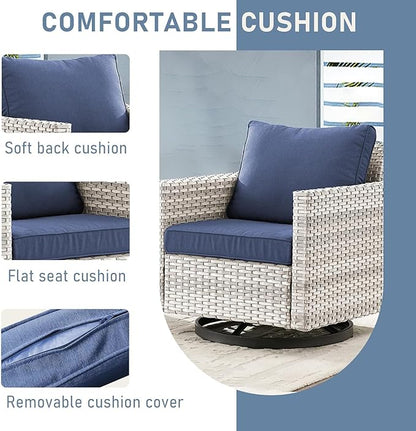 Wicker Outdoor Swivel Chairs Set of 4 with Fire Pit Table, 5 Pieces Patio Furniture Set with Fire Pit Table for Yard, Deck, Garden, Light Beige/Blue