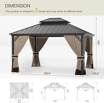 12'x14' Hardtop Gazebo,Outdoor Galvanized Steel Metal Double Roof Gazebo with Curtains and Netting for Patios,Gardens,Lawns,Sand