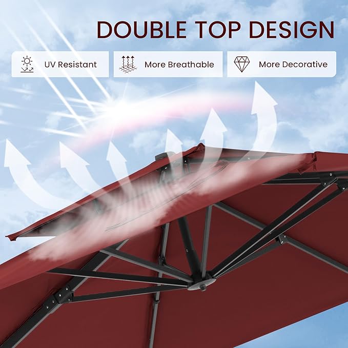 10x10 FT Cantilever Patio Umbrella Double Top Outdoor Square Large Heavy Duty Aluminum Offset Umbrellas with 7 Level Tilt 360-degree Rotation for Pool Garden Deck, Wine Red