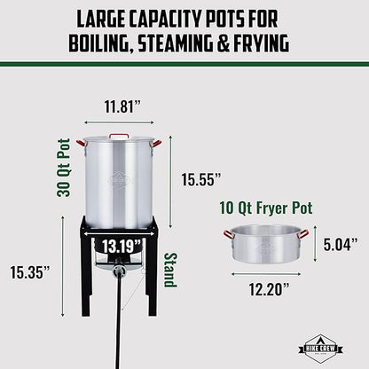 Hike Crew Outdoor Turkey Fryer Kit - Complete Kit for Steaming, Boiling & Frying with 30Qt Boiler Pot, 10Qt Fryer Pot, Fry Baskets, Stand, 2 Thermometers, Injector, Gloves, Storage Cover & More