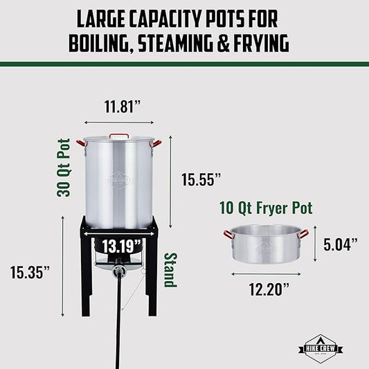Hike Crew Outdoor Turkey Fryer Kit - Complete Kit for Steaming, Boiling & Frying with 30Qt Boiler Pot, 10Qt Fryer Pot, Fry Baskets, Stand, 2 Thermometers, Injector, Gloves, Storage Cover & More