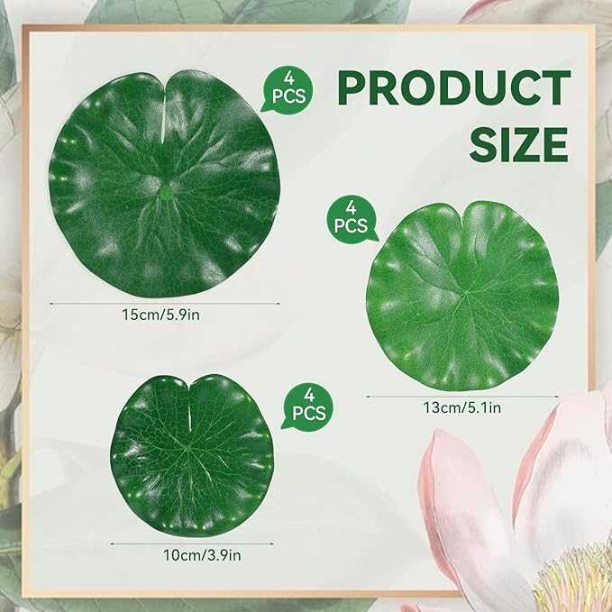 12Pcs Lily Pads for Ponds, Artificial Floating Foam Lotus Leaves Realistic Water Lily Pads Foliage Pond Decor for Pool Koi Fish Patio Aquarium Outdoor Ponds