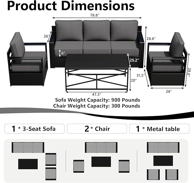Outdoor Patio Furniture Set, 4-Piece Aluminum Patio Conversation Set All-Weather Metal Outdoor Sectional with 6 Inch Thick Cushions, Deep Setting for Garden, Outside and Porch
