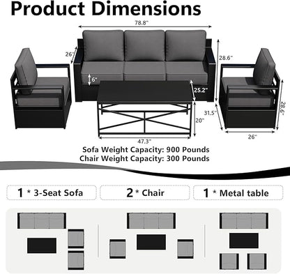 Outdoor Patio Furniture Set, 4-Piece Aluminum Patio Conversation Set All-Weather Metal Outdoor Sectional with 6 Inch Thick Cushions, Deep Setting for Garden, Outside and Porch