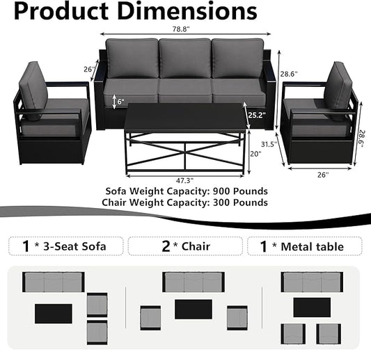Outdoor Patio Furniture Set, 4-Piece Aluminum Patio Conversation Set All-Weather Metal Outdoor Sectional with 6 Inch Thick Cushions, Deep Setting for Garden, Outside and Porch