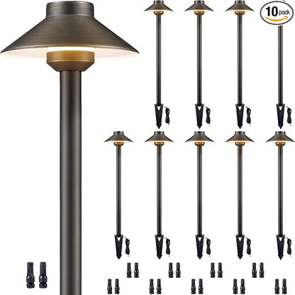 Gardenreet Solid Brass Landscape Path Lights - 12V Low Voltage Pathway Light IP65 Waterproof, Outdoor Walkway Fixture Hardwired, Hat-top Antique Bronze for Patio Lawn G4 Bulb Not Included (10 Pack)