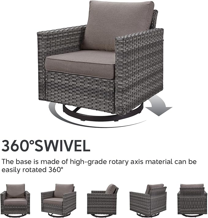 6 Piece Wicker Patio Furniture Set - Outdoor Swivel Rocker Chairs Set with Side Table, 3 Seat Sofa and Ottomans, Small Patio Conversation Sets Proch Furniture for Balcony Deck - Grey/Grey
