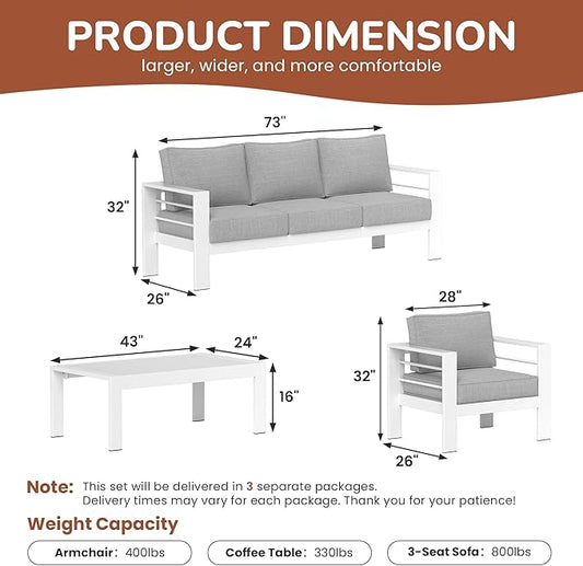 Solaste Aluminum Patio Furniture Set, 5 Seats Modern Outdoor Conversation Set Couch Sofa with Upgrade Cushion and Coffee Table, White