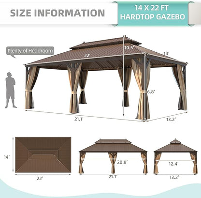 MELLCOM 14' x 22' Hardtop Gazebo,Galvanized Steel Metal Double Roof with Curtain and Netting,Brown Permanent Pavilion Gazebos with Aluminum Frame for Patios,Gardens,Lawns